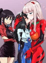 3girls bags_under_eyes black_dress black_hair blue_eyes blush bodysuit breasts closed_eyes commission commissioner_upload cosplay cross cross_necklace dress female/female female_only fingering grey_eyes heavy_breathing highres ikari_shinji ikari_shinji_(cosplay) interface_headset_(evangelion) jacket jewelry katou_asuka katsuragi_misato katsuragi_misato_(cosplay) kiss kuroki_tomoko large_breasts lesbian_kiss long_hair mecha_pilot_suit multiple_girls necklace pixiv_commission plugsuit_(evangelion) ponytail red_jacket sasaki_fuuka small_breasts souryuu_asuka_langley souryuu_asuka_langley_(cosplay) torn_bodysuit torn_clothes ufufuto watashi_ga_motenai_no_wa_dou_kangaetemo_omaera_ga_warui! yuri