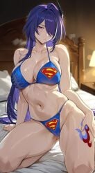 1girl 1girls acheron_(honkai:_star_rail) ai_assisted ai_generated bedroom bikini bikini_bottom bikini_top boobies boobs breasts cameltoe crossover dc dc_comics eyes hair hair_ornament hands-free highleg highleg_bikini honkai:_star_rail honkai_(series) kneeling lamp looking_at_viewer milf pillow purple_eyes purple_hair solo solo_female solo_focus superman superman_(cosplay) superman_(series) superman_logo symbol tattoo tattoo_on_legs tattoo_on_thigh tattoos themed_clothes thigh_grab thighs white_bed white_bed_sheet