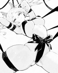 1girls antlers arms_up bondage bound bound_arms bound_legs cameltoe elf elf_ears fake_antlers frieren frieren_beyond_journey's_end gift_wrapped jewelry long_hair miregeist ribbon_bondage ribbons solo spread_legs white_background white_hair