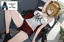 1girl ai_assisted ai_generated arknights closed_eyes english_text fatest_squirrel large_breasts lion_tail midriff_peek on_couch siege_(arknights) sleeping