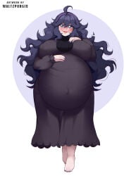 1girl ahoge artist_request barefoot big_belly blush breasts covered_erect_nipples covered_navel dress female_focus full_body goth goth_girl hex_maniac hex_maniac_(pokemon) hex_maniac_(pokemon_xy) highres huge_breasts hyper_pregnancy matching_hair/eyes nail_polish nintendo pokemon pokemon_x_and_y pregnancy pregnant pregnant_belly pregnant_female purple_eyes purple_hair solo toenail_polish toenails waltzpurgis