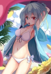 1girl 1girls arm_behind_head armpits arms_up beach beach_background belly belly_button bikini bikini_bottom bikini_top blue_eyes blue_hair blue_jacket blue_shorts blush blush_lines blushing bow breasts cute cute_face flower heart-shaped_pupils hi_res high_resolution highres jacket jacket_open karakasa_obake kogasa_tatara lily_(flower) medium_breasts navel open_clothes open_jacket open_shirt palm_tree red_hair side-tie_bikini side-tie_bikini_bottom solo stomach summer swimsuit swimwear tagme thighs tied_hair tongue tongue_out touhou tying_hair umbrella white_bikini
