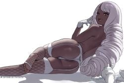 1girl ass back cup dark_skin fishnet_thighhighs fishnets jacinthe_(pokemon) kettle long_hair looking_at_viewer looking_back median_furrow panties pink_hair pokemon pokemon_legends:_z-a simple_background solo thighhighs topless_female underwear very_dark_skin white_background white_panties white_thighhighs yukari_(pokemon) zefra_bleu zefrableu