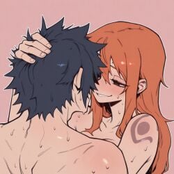 1boy 1girl ai_generated black-haired_male black_hair blue_tattoo crossover fairy_tail female gray_fullbuster lewd male nami_(one_piece) naughty one_piece orange-haired_female orange_hair sensual sexy shoulder_tattoo tattoo