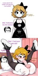 1futa 1girl1futa ai_assisted autofellatio black_bowtie black_hair blonde_hair bowtie cock cock_worship cum cum_in_mouth cum_in_own_mouth cum_inside derpina dialogue drinking_cum egirl fellatio futanari goth goth_girl legs legs_up looking_at_own_penis looking_at_penis masturbation meme oral_masturbation penis rage_comics self_sucking selfsuck selfsucking solo sucking_own_penis sucking_penis text troll trollface