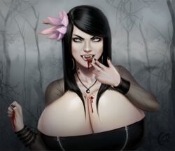 black_hair blood bursting_breasts cleavage dark_hair fangs female flower_in_hair grey_background grey_eyes hoop_earrings huge_breasts mangrowing necklace overflowing_breasts sharp_teeth solo straight_hair streaked_hair teeth vampire zipper