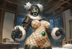 1girls ai_generated armor armored_female beige_skin black_hair boots breasts checkered checkered_skin chinese_clothes emerald_(gem) fangs female fur gauntlets gem_eyes gem_on_belly gloves golem green_eyes hair_buns horror horror_(theme) jade_(gem) large_breasts leg_armor lion_mane mane mask monster_girl original original_character paigen pussy shoulder_armor sleeves statue teeth terracotta terracotta_statue voluptuous voluptuous_female white_fur white_hair