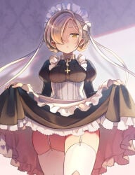 1girls apron azur_lane black_dress braids cross dress dress_lift female female_only frills garter garter_belt garter_straps gold_eyes hair_over_one_eye hips hips_wider_than_shoulders maid maid_apron maid_dress maid_headdress maid_outfit maid_uniform necklace royal_navy_(azur_lane) ruffles s sandy_blonde sandy_blonde_hair sheffield_(azur_lane) ship shipgirl short_hair solo solo_female stockings tagme tagme_(artist) thick_hips thick_thighs thigh thighs white_stockings wide_hips wide_thighs yellow_eyes