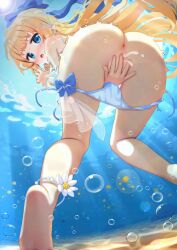 1girl ankleband anus ass barefoot bikini blonde_hair blue_bikini blue_eyes blush bubble cedar_(cedar_japonica) commentary_request commission covering_crotch covering_privates edelweiss_(flower_knight_girl) feet female female_only flower_knight_girl flower_ornament hair_ribbon long_hair looking_at_viewer looking_back open_mouth paid_reward_available ribbon skeb_commission soles solo swimsuit underwater variant_set