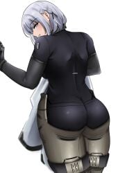 1girl ass black_bodysuit bodysuit commentary cowboy_shot from_behind girls'_frontline holding holding_unworn_clothes holding_unworn_jacket jacket looking_at_viewer looking_back parted_lips purple_eyes rpk-16_(girls'_frontline) short_hair smile solo unworn_jacket white_hair white_jacket