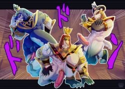 accessory anthro avian bird bovid caprine cock_ring crocodile crocodilian egyptian_mythology genitals genshin_impact goat group heryshaf_(genshin_impact) hi_res humanoid_genitalia humanoid_penis ibis jewelry jojo_pose koyo_draka male mammal middle_eastern_mythology mihoyo muscular muscular_male mythology pelecaniform penis penis_accessory penis_jewelry pillar_men_pose reptile scalie sobek_(genshin_impact) thoth_(genshin_impact) threskiornithid trio