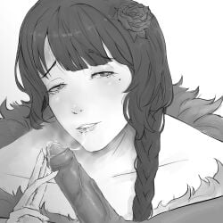 black_and_white braid breath cock cum dark_hair elsa elsa_granhilte female fingers flower fur_coat mouth_closed seductive touching_penis veiny_penis