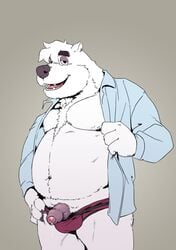 2019 absurd_res aggressive_retsuko anthro balls belly bodily_fluids bulge clothing cum fur genital_fluids hi_res humanoid_hands humanoid_penis male male_only mammal moobs navel overweight overweight_male penis polar_bear polarwave sanrio shirota simple_background smooth_fur solo teeth tongue underwear ursid ursine white_fur