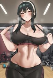 ai_generated athletic big_breasts black_hair blush cleavage curvaceous female fit fit_female gym_uniform huge_breasts human light_skin looking_at_viewer red_eyes smile sports_bra spy_x_family sweat sweating tagme voluptuous wide_hips workout workout_clothes yor_briar