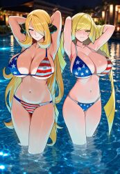 2girls ai_generated arms_behind_head big_breasts bikini blonde_hair circle_ueponzu cynthia_(pokemon) huge_breasts looking_at_viewer lusamine_(pokemon) pokemon tagme