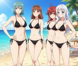 4girls ahoge ai_generated beach bikini black_bikini blue_eyes blue_hair blue_sky breasts brown_eyes brown_hair clouds hanakai_momo high_school_dxd high_school_dxd_hero island kusaka_reya large_breasts looking_at_viewer medium_hair meguri_tomoe navel ocean palm_tree red_eyes red_hair sand short_hair smile standing tree water white_hair yura_tsubasa