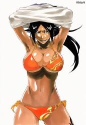 accurate_art_style ai_generated anime_coloring bleach curvy female female_only manga_style mature mature_female pinup shihouin_yoruichi solo solo_female solo_focus stickyai