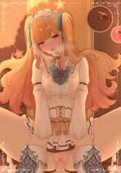 1boy 1girl absurdres akiyama_mizuki blonde_hair blush border bow bowtie breasts brown_ribbon cake center_frills chocolate_cake commentary dot_nose english_commentary food frills green_bow green_bowtie green_ribbon hair_ribbon heart heart_in_eye hetero highres himitsu_no_valentine_daisakusen!_(project_sekai) holding_another's_wrists inset_border kaitou_shinshi_no_harahara!?_white_day_(project_sekai) long_hair long_sleeves looking_at_viewer medium_breasts neck_ribbon official_alternate_costume official_alternate_hairstyle open_mouth ornate_border out_of_frame penis pink_eyes project_sekai puffy_long_sleeves puffy_sleeves pussy raised_inner_eyebrows ribbon sex shirt sidelocks sincerelyasmos smile solo_focus spread_legs symbol_in_eye tenma_saki twintails vaginal very_long_hair white_shirt