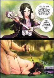1boy 1girls 2koma ai_generated ass_grab bent_over black_eyes black_hair blush body_hair clothes_removed clothing collar collar_only comic defeat defeat_sex defeated defeated_heroine dogeza doggy_style dominant_male dubious_consent english_text female femsub fire_emblem fire_emblem_awakening folded_clothes forced heroine heroine_in_trouble hetero humiliation instant_loss instant_loss_2koma katana large_breasts leash leash_and_collar leash_pull leashed_collar long_hair looking_at_viewer male male_penetrating_female maledom naked_dogeza nintendo novelai nude nude_female nude_male outdoors say'ri_(fire_emblem) sex sex_from_behind sideboob stradiviolet submission submissive_female sweat sword text