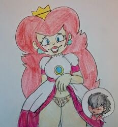 1boy 1girls blue_eyes bottomless crown dic_entertainment dress hairy_pussy hornhog32 imminent_sex low_quality mario_(series) mostly_clothed nintendo princess_peach princess_toadstool princess_toadstool_(dic_cartoons) pubic_hair pussy red_hair skirt_lift the_super_mario_bros._super_show!