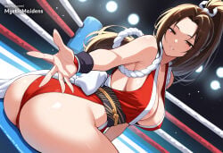 1girl ai_generated anime anime_style areola_slip artist_name ass bare_shoulders breasts brown_eyes brown_hair capcom cleavage fatal_fury fatal_fury:_city_of_the_wolves fatal_fury_2 fatal_fury_the_motion_picture hentai hi_res high_ponytail japanese_clothes king_of_fighters large_breasts long_hair looking_at_viewer mai_shiranui mystic_maidens ninja obi parted_bangs parted_lips patreon patreon_username ponytail revealing_clothes rope sash sideboob sitting smile snk solo street_fighter street_fighter_6 thighs