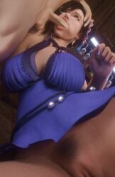 1boy, 1girl, alternate_costume black_hair, blue_dress breasts, brown_hair, choker cleavage, dress, earrings, fellatio, female_pubic_hair, final_fantasy from_below, glasses, gloves, hand_on_another's_head, hetero, jewelry, large_breasts, lips, makeup, male_pubic_hair, nail_polish, no_panties, nose, official_alternate_costume oral, penis, pubic_hair, pussy, realistic, short_hair, solo_focus, testicles, thedude911 tifa_lockhart uncensored,