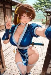 1girl ;p ai_generated architecture arm_guards breasts brown_eyes brown_hair choker cleavage closed_mouth collarbone covered_navel day dead_or_alive east_asian_architecture hair_ribbon hand_up high_ponytail japanese_clothes kasumi_(doa) large_breasts long_hair looking_at_viewer no_panties one_eye_closed outdoors patreon_username pelvic_curtain ponytail ribbon selfie sheath short_sleeves smile solo standing sword thighhighs thighs tongue tongue_out tree trinity_vermilion v weapon weapon_on_back white_thighhighs yellow_ribbon