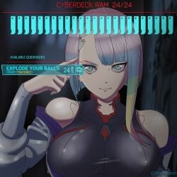 big boobs castration_play castration_threat clothed cyberpunk:_edgerunners cyberpunk_2077 docecarol gameplay_mechanics hacking looking_at_viewer lucy lucy_(cyberpunk) meme_reference threatening_viewer
