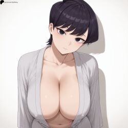 1girl 1girls ai_generated arms_at_sides bangs black_eyes black_hair breasts cleavage closed_mouth collarbone hard_nipples hi_res high_quality high_resolution highres komi-san_wa_komyushou_desu komi_can't_communicate komi_shuuko large_breasts light lips looking_at_viewer navel nose opal_nemy patreon_logo patreon_url patreon_username plain_background robe self_upload shadow shiny shiny_hair shiny_skin short_hair simple_background solo watermark white_background white_robe