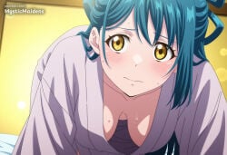 1girl ai_generated all_fours anime anime_style azuma_himari blue_hair blush breasts cleavage closed_mouth collarbone downblouse hanging_breasts hentai hi_res indoors japanese_clothes kimono long_hair looking_at_viewer mato_seihei_no_slave medium_breasts mystic_maidens patreon solo sweat twitter_username yellow_eyes