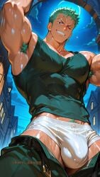 ai_generated green_hair horn_dawgg male male_only masculine_male muscular_male night one_piece pants_down roronoa_zoro shirt smiling solo underpants zoro_(one_piece)