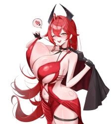 1girl :d ;d absurdres bare_shoulders bite_mark bite_mark_on_hip black_gloves black_jacket blush breasts commentary dress earrings english_commentary gloves goddess_of_victory:_nikke hair_between_eyes half_gloves heart highres holding horns huge_breasts jacket jewelry kiki_(akasaka0818) long_hair looking_at_viewer navel official_alternate_costume one_eye_closed red_dress red_hair red_hood_(nikke) red_hood_(nonsense_red)_(nikke) revision ring_light_reflection simple_background smile solo spoken_heart thigh_strap very_long_hair white_background yellow_eyes