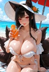 1girl :p ai_generated akagi_(azur_lane) animal_ear_fluff animal_ears azur_lane bangs bare_shoulders beach beach_umbrella bikini black_hair blush breasts cleavage cloud collarbone cup day eyeliner eyeshadow food fox_ears fox_girl fox_tail frills front-tie_top fruit hat holding holding_cup huge_breasts kermixx long_hair looking_at_viewer makeup multiple_tails navel ocean orange_slice outdoors red_eyes shiny_skin side-tie_bikini_bottom sitting sky smile solo sun sun_hat swimsuit tail tongue tongue_out umbrella very_long_hair wet white_bikini white_headwear