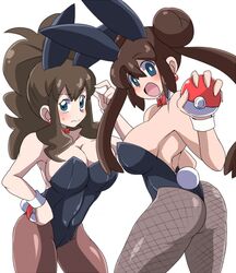 2girls alternate_outfit ass breasts brown_hair bunnysuit cleavage clothed hilda_(pokemon) pantyhose pokemon pokemon_bw pokemon_bw2 rosa_(pokemon) shirakai white_background yuri