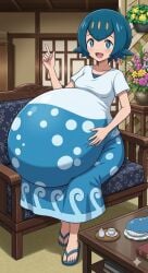 aged_up ai_generated blue_eyes blue_hair hyper_pregnancy lana_(pokemon) pokemon pokemon_sm pregnant pregnant_belly pregnant_female solo solo_female solo_focus trial_captain trial_captain_lana