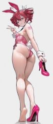 1girl ahoge animal_ear_hairband animal_ears arm_tattoo breasts character_name_tattoo closed_mouth corrupted_twitter_file detached_collar dress drill_hair fake_animal_ears fake_tail feet full_body hair_ribbon hairband high_heels highres holding holding_shoes holding_unworn_clothes kasane_teto kasane_teto_(sv) kneepits leotard looking_at_viewer looking_back lucasafontes medium_breasts nail_polish number_tattoo pink_leotard pink_nails pink_shoes playboy_bunny rabbit_ears rabbit_tail red_eyes red_hair ribbon shoe_soles shoes sideboob simple_background single_bare_foot single_shoe soles solo standing strapless strapless_leotard synthesizer_v tail tattoo tiptoes twin_drills unworn_shoes utau v white_background white_dress white_ribbon white_wrist_cuffs wrist_cuffs