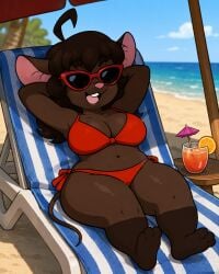 ai_generated beach breasts brown_body brown_fur brown_hair buckteeth female female_focus female_only gwen_martin hair_tip hi_res mouse mouse_ears red_bikini red_sunglasses relaxing rodent shaded shiny_skin thicc thick_legs thick_thighs voluptuous voluptuous_female