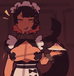 1girl ahoge angry_eyebrows annoyed apron black_dress black_hair blush bowtie breasts cake cigarette cigarette_in_mouth cleavage curvy dark_skin ellen_joe ellen_joe_(zenless_zone_zero) flustered food frilled_dress frills half-closed_eyes holding_plate large_breasts looking_at_viewer m4rcyart maid maid_headdress maid_outfit pie portrait puffy_sleeves red_eyes shark_girl shark_tail short_hair smoking solo squint steam sweat sweatdrop tan thick_thighs upper_body white_apron zenless_zone_zero