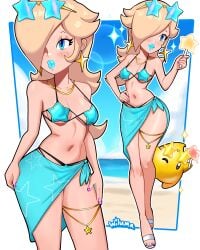 1girls alternate_version_available big_breasts big_lips bikini bikini_bottom bikini_top bimbo bimbo_lips blonde_hair blue_bikini blue_eyes blue_lips blue_lipstick blush bottomwear breasts cleavage close-up ear_piercing earrings female female_focus footwear full_body hair hair_over_one_eye hand_on_hip headwear hips holding_object jewelry legs lips lipstick long_hair luma mario_(series) multiple_views nail_polish nails necklace neckwear nintendo one_eye_closed parted_lips popsicle princess_rosalina purple_nail_polish purple_nails sandals sarong sparkles star star_bikini star_earrings sunglasses sunglasses_on_head swimwear thick_lips thigh_strap thighs toenail_polish toenails topwear wide_hips wiluma