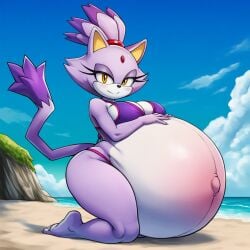 ai_generated anthro anthro_female beach beach_background bikini blaze_the_cat cat cat_ears enjoying_pregnancy hyper_pregnancy lazybonesai looking_at_viewer pregnancy pregnant pregnant_belly pregnant_female purple_fur sega sonic_(series) sonic_the_hedgehog_(series)