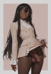 1boy 1femboy ai_generated alternate_version_available balls black_hair blush crossdressing dark-skinned_femboy dark_hair dark_skin femboy feminine_male girly glasses lifting lifting_own_clothes long_hair looking_at_viewer no_panties office_clothing office_lady original pantyhose penis presenting presenting_penis ripped_pantyhose solo standing testicles thighs torn_pantyhose trap vuurtoren yellow_eyes