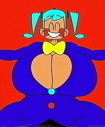 1girl blue_hair cleavage female hatsune_miku hatsune_miku_(static) huge_ass huge_breasts large_breasts red_background rosy_cheeks smile smiley_face smiling_at_viewer solo solo_female solo_focus static_(flavor_foley) thick_thighs