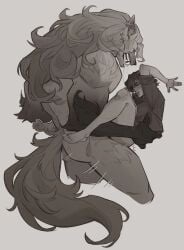 2girls black_and_white blush blushing bottomless claws deadlock earring eyes_closed holliday_(deadlock) saliva sheriff silver_(deadlock) spicy_raeman supporting_body_with_arms tail thrusting valve werewolf yuri