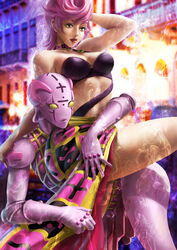 2girls breasts feet female human humanoid jojo's_bizarre_adventure kaopon light-skinned_female light_skin pink_hair pink_skin short_hair shounen_jump solo spice_girl spicy_lady stand_(jjba) trish_una vento_aureo