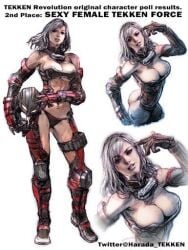 1girl 1girls adapted_costume armor ass big_breasts bikini bikini_armor breasts center_opening chaps cleavage concept_art detached_collar elbow_gloves female female_only gloves helmet kawano_takuji knee_pads large_breasts lips multiple_views namco navel navel_piercing official_art piercing soldier swimsuit tekken tekken_force tekken_revolution thick_thighs thong thong_bikini torn_clothes underboob unworn_headwear unworn_helmet white_hair zoey_(tekken)