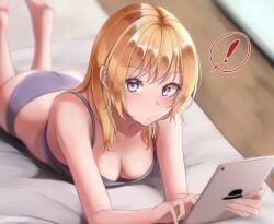 ! ass barefoot blonde_hair blurry blush breasts cleavage closed_mouth depth_of_field feet_out_of_frame feet_up female fingernails fumei_(mugendai) highres indoors lens_blur long_hair maribel_hearn medium_breasts no_headwear panties purple_eyes purple_panties solo spoken_exclamation_mark tablet_pc touhou underwear