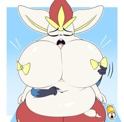 belly belly_touching big_belly big_breasts blitzy_flair breast_squeeze breasts chubby chubby_female cinderace lucario pokemon pokemon_(species) ribbons soda_can thick