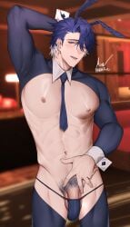 abs asaifrit balls ballsack barely_contained blue_bowtie blue_hair bunny_ears bunnysuit honkai:_star_rail male_focus male_only muscular muscular_male penis pubic_hair reverse_bunnysuit sampo_(honkai_star_rail) thong visible_penis