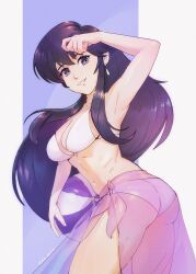 1girls alternate_costume ass ayra_(fire_emblem) big_ass bikini black_eyes black_hair eili_enie fire_emblem fire_emblem:_genealogy_of_the_holy_war long_hair medium_breasts nintendo sarong see-through swimsuit thighs white_bikini white_swimsuit