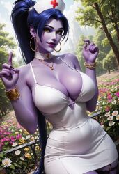 1girls ai_generated amelie_lacroix big_breasts breasts long_hair nurse nurse_dress overwatch overwatch_2 oxtonai purple_hair purple_skin widowmaker